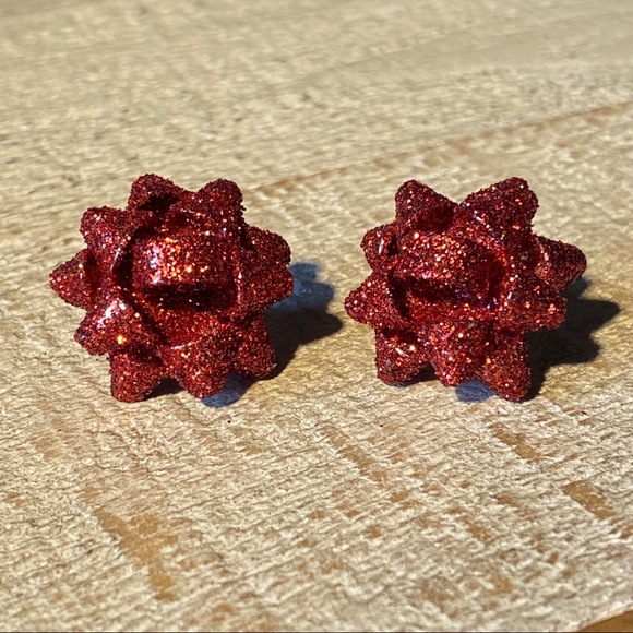 Christmas Jewelry - Red Glitter Metal Christmas Bow Earrings